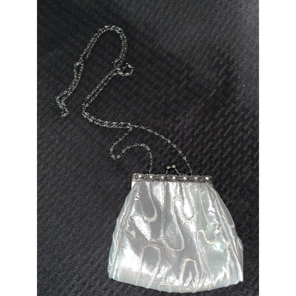 Purse Evening Bag Vintage Silver Embroidered Rhinestones Prom Wedding Formal - Picture 2 of 16